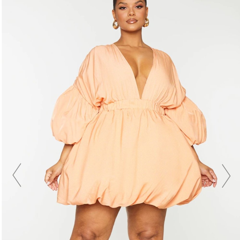 PLUS ORANGE PUFF SLEEVE PUFFBALL HEM SHIFT DRESS